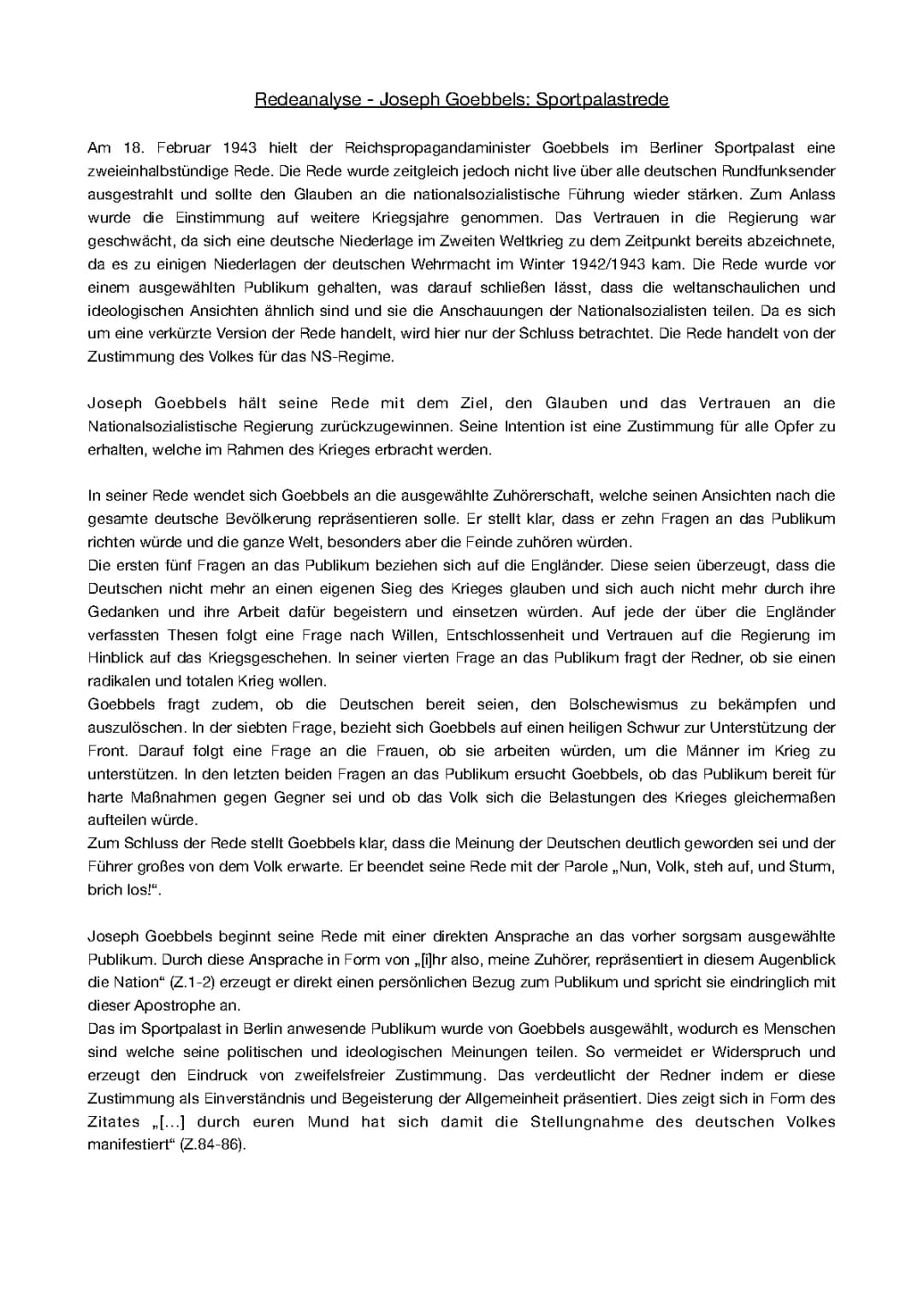 Sportpalastrede Analyse und Goebbels Rede Text PDF