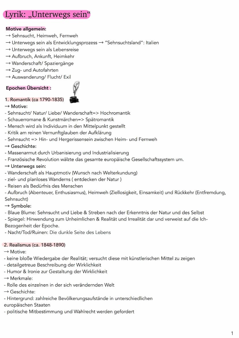 Deutsch
2021/2022 Lyrik: „Unterwegs sein“
Motive allgemein:
Sehnsucht, Heimweh, Fernweh
Unterwegs sein als Entwicklungsprozess → "Sehnsuchts