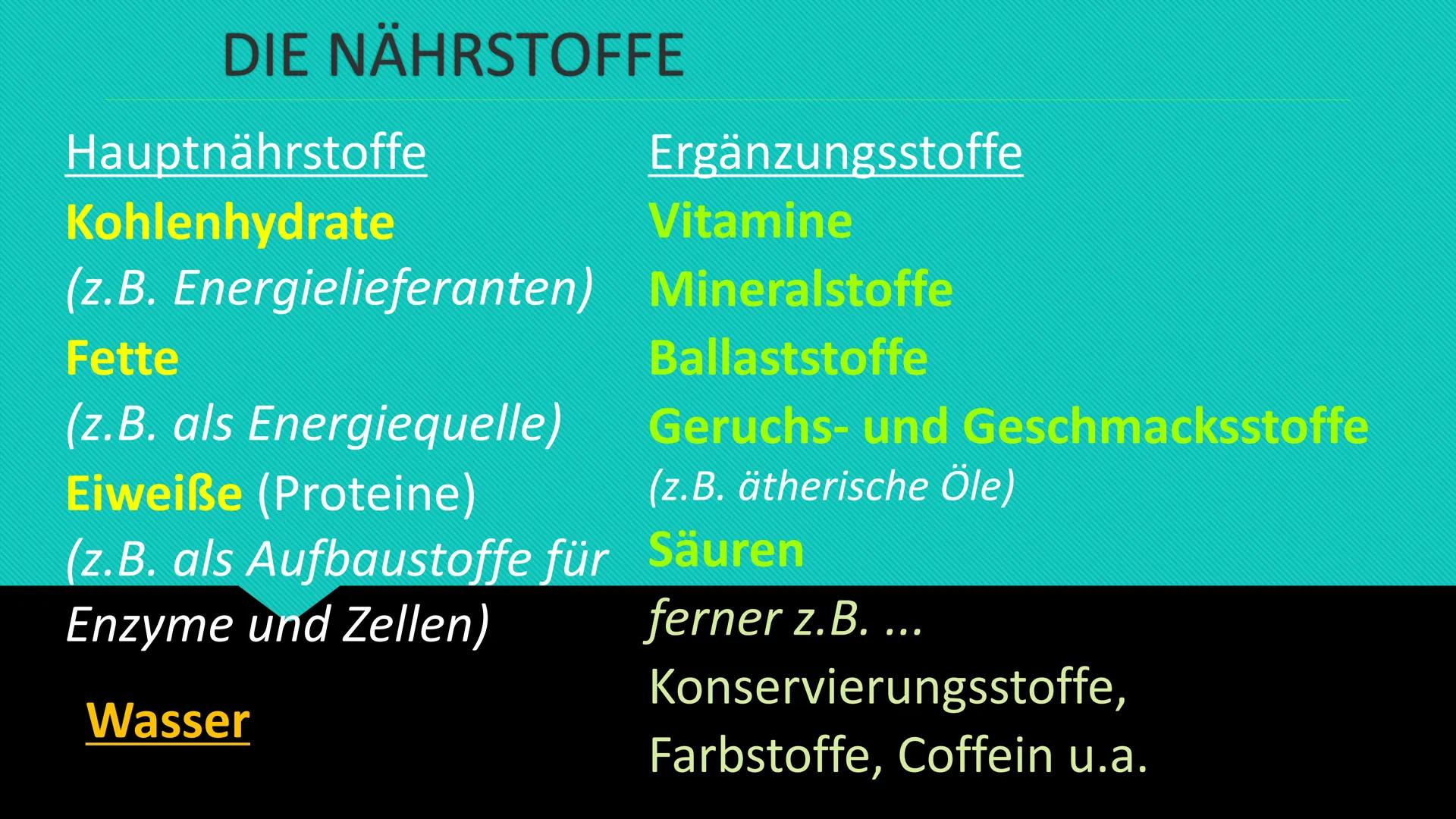 ALLES ÜBER ERNÄHRUNG
Nährstoffe
Ernährungspyramide
Gesunde Ernährung
Ernährungsirrtümer DIE NÄHRSTOFFE
Hauptnährstoffe
Kohlenhydrate
(z.B. E