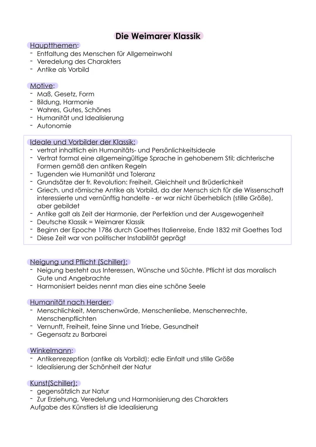 # Die Weimarer Klassik

## Hauptthemen:
- Entfaltung des Menschen für Allgemeinwohl
- Veredelung des Charakters
- Antike als Vorbild

## Mot