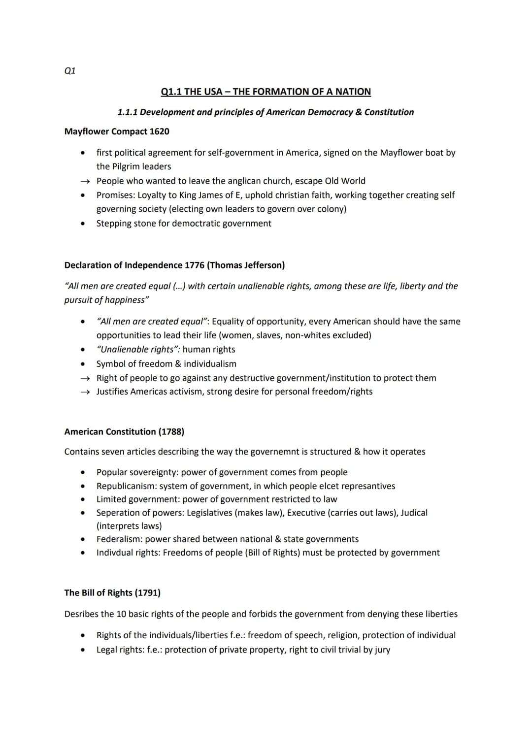 Q1
Mayflower Compact 1620
●
●
→ People who wanted to leave the anglican church, escape Old World
Promises: Loyalty to King James of E, uphol