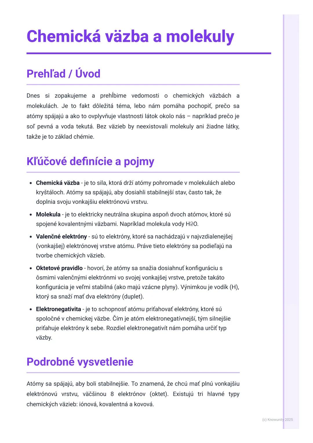 # Chemická väzba a molekuly

Prehľad / Úvod

Dnes si zopakujeme a prehĺbime vedomosti o chemických väzbách a
molekulách. Je to fakt dôležitá