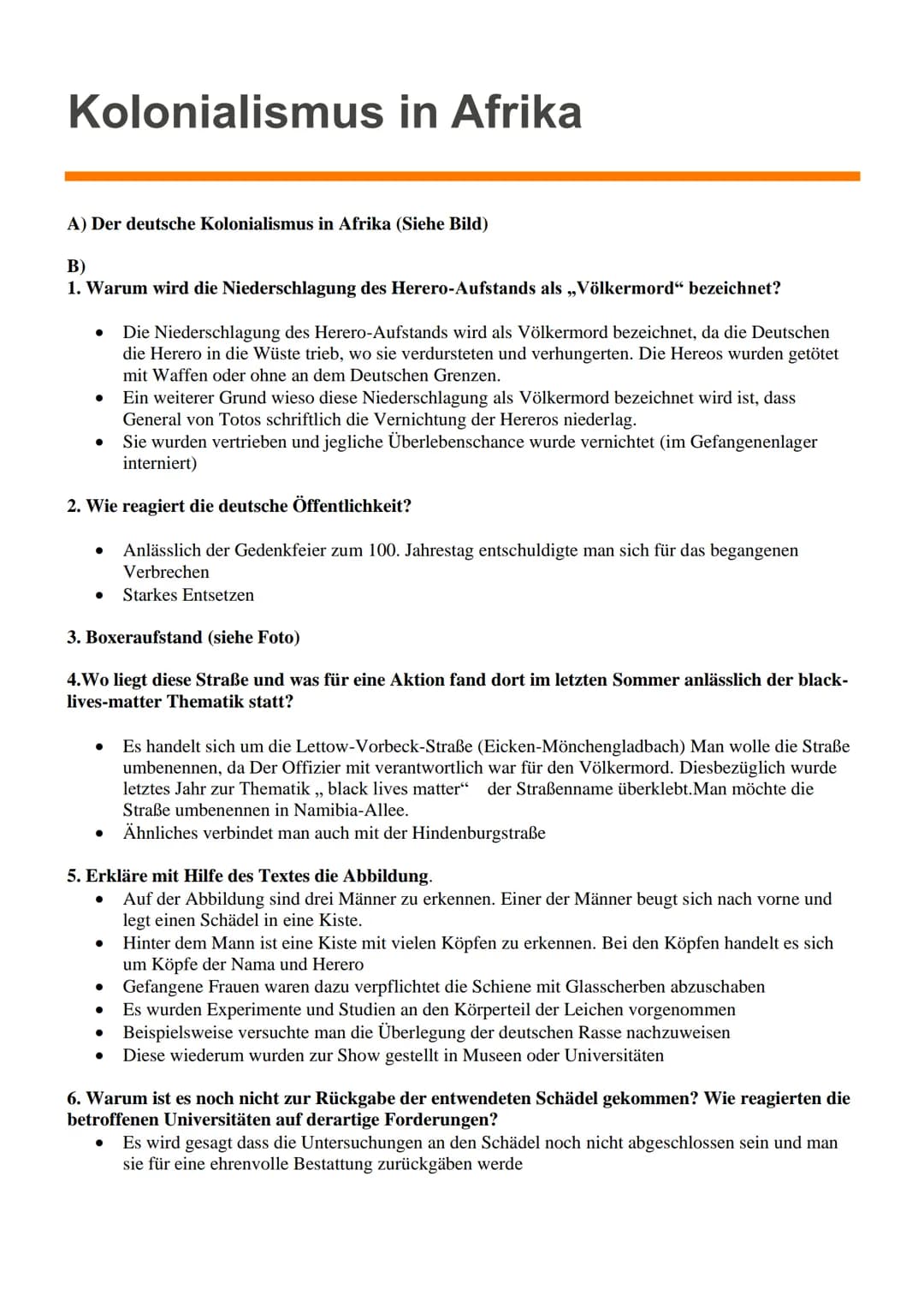 Kolonialismus in Afrika
A) Der deutsche Kolonialismus in Afrika (Siehe Bild)
B)
1. Warum wird die Niederschlagung des Herero-Aufstands als „