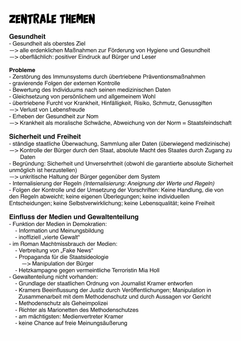 Zusammenfassung des Inhalts
- Zukunftsroman (21. Jahrhundert)
- Gesundheitsdiktatur
-> Bürger werden von Regierung ,,Methode" streng überwac