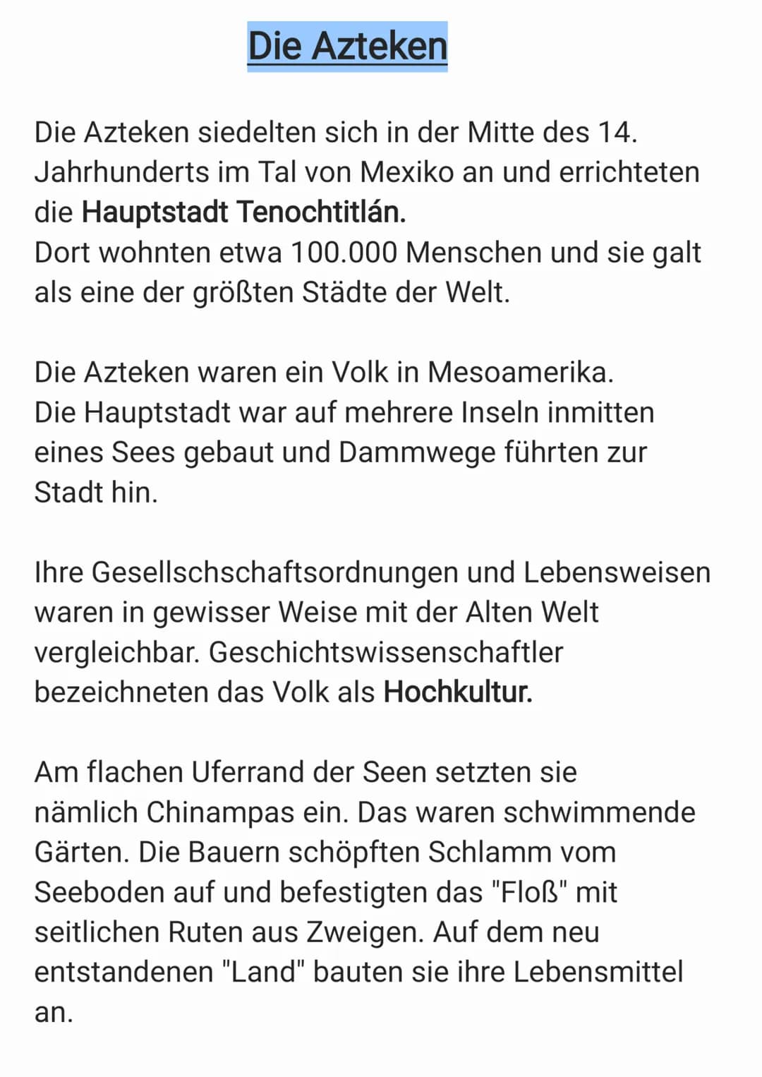 Die Azteken
Die Azteken siedelten sich in der Mitte des 14.
im Tal von Mexiko an und errichteten
die Hauptstadt Tenochtitlán.
Jahrhunderts
D