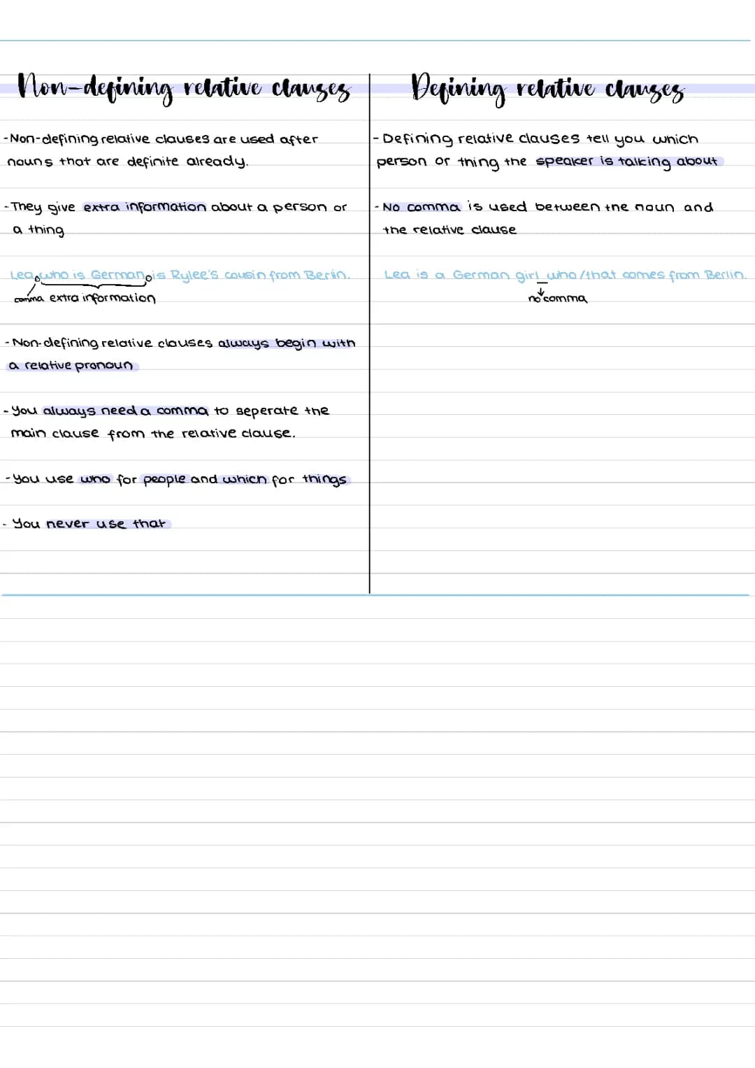 Defining and non defining relative clauses