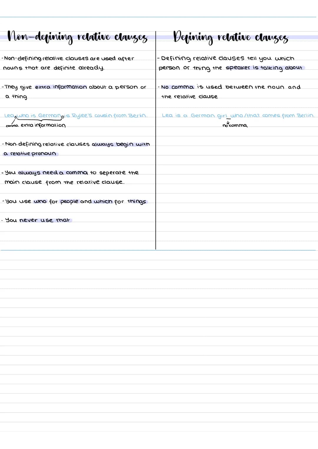 Non-defining relative clauses
-Non-defining relative clauses are used after
nouns that are definite already.
-They give extra information ab