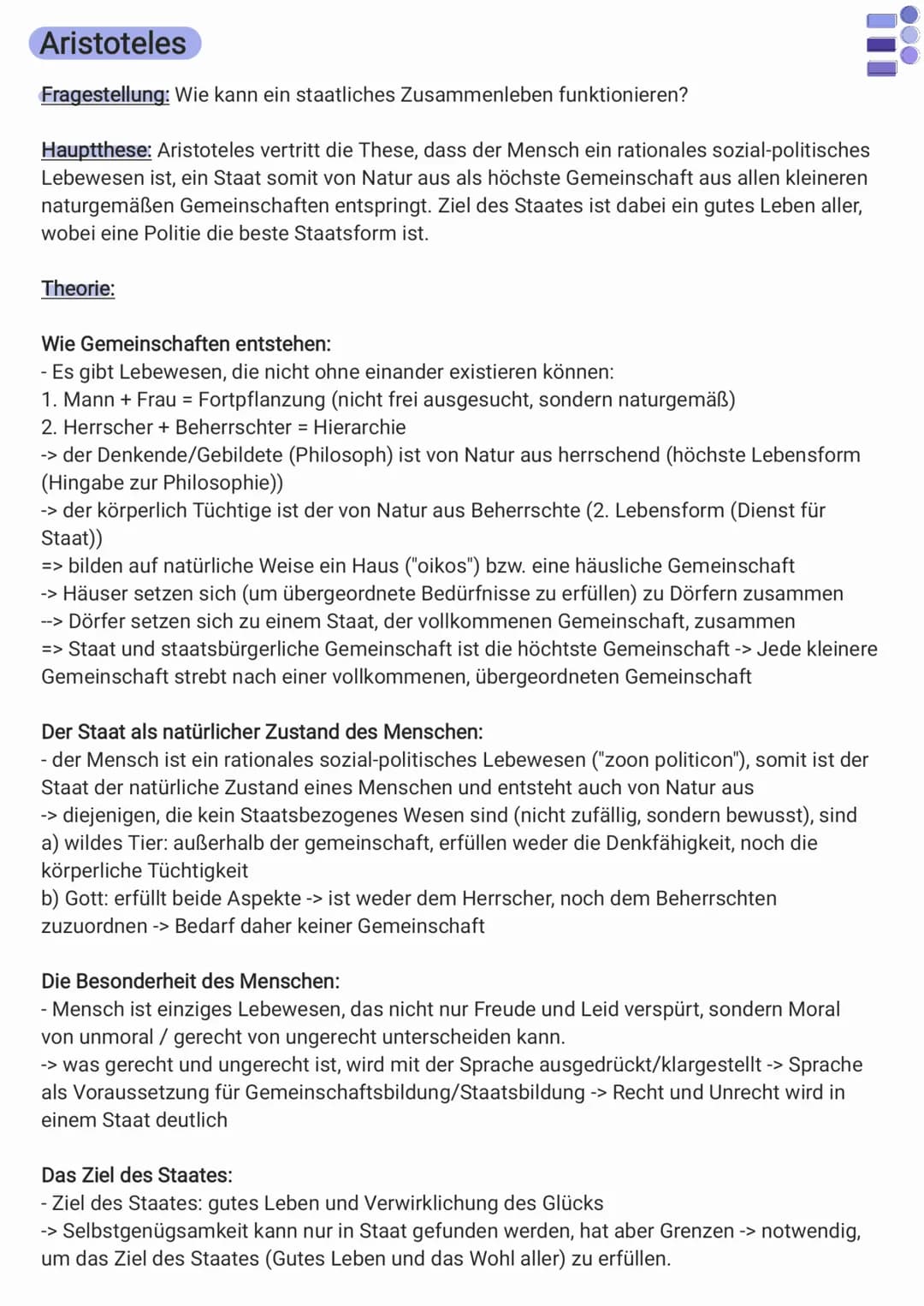 
<p>Aristoteles vertritt die These, dass der Mensch ein rationales sozial-politisches Lebewesen ist, und ein Staat somit von Natur aus als h
