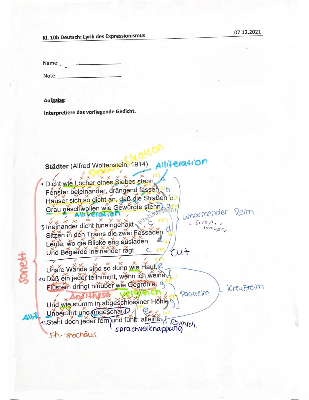 Sonett
Kl. 10b Deutsch: Lyrik des Expressionismus
Name:
Note:
Aufgabe:
Interpretiere das vorliegende Gedicht.
Städter (Alfred Wolfenstein, 1
