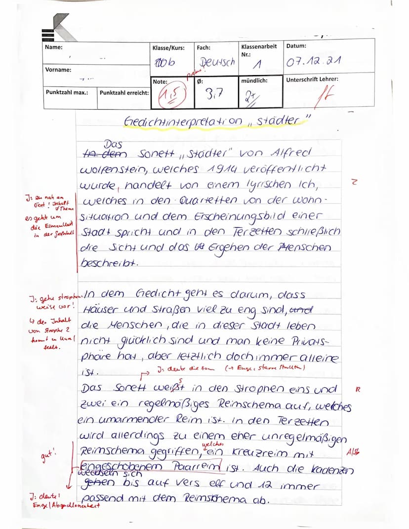 Sonett
Kl. 10b Deutsch: Lyrik des Expressionismus
Name:
Note:
Aufgabe:
Interpretiere das vorliegende Gedicht.
Städter (Alfred Wolfenstein, 1