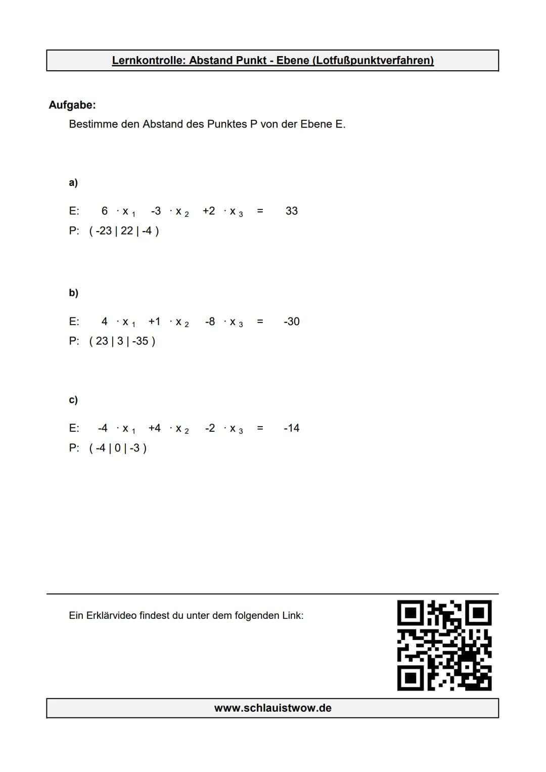 Aufgabe:
Bestimme den Abstand des Punktes P von der Ebene E.
a)
E: 6 X 1
P: (-23 | 22 | -4 )
ша
b)
Lernkontrolle: Abstand Punkt - Ebene (Lot