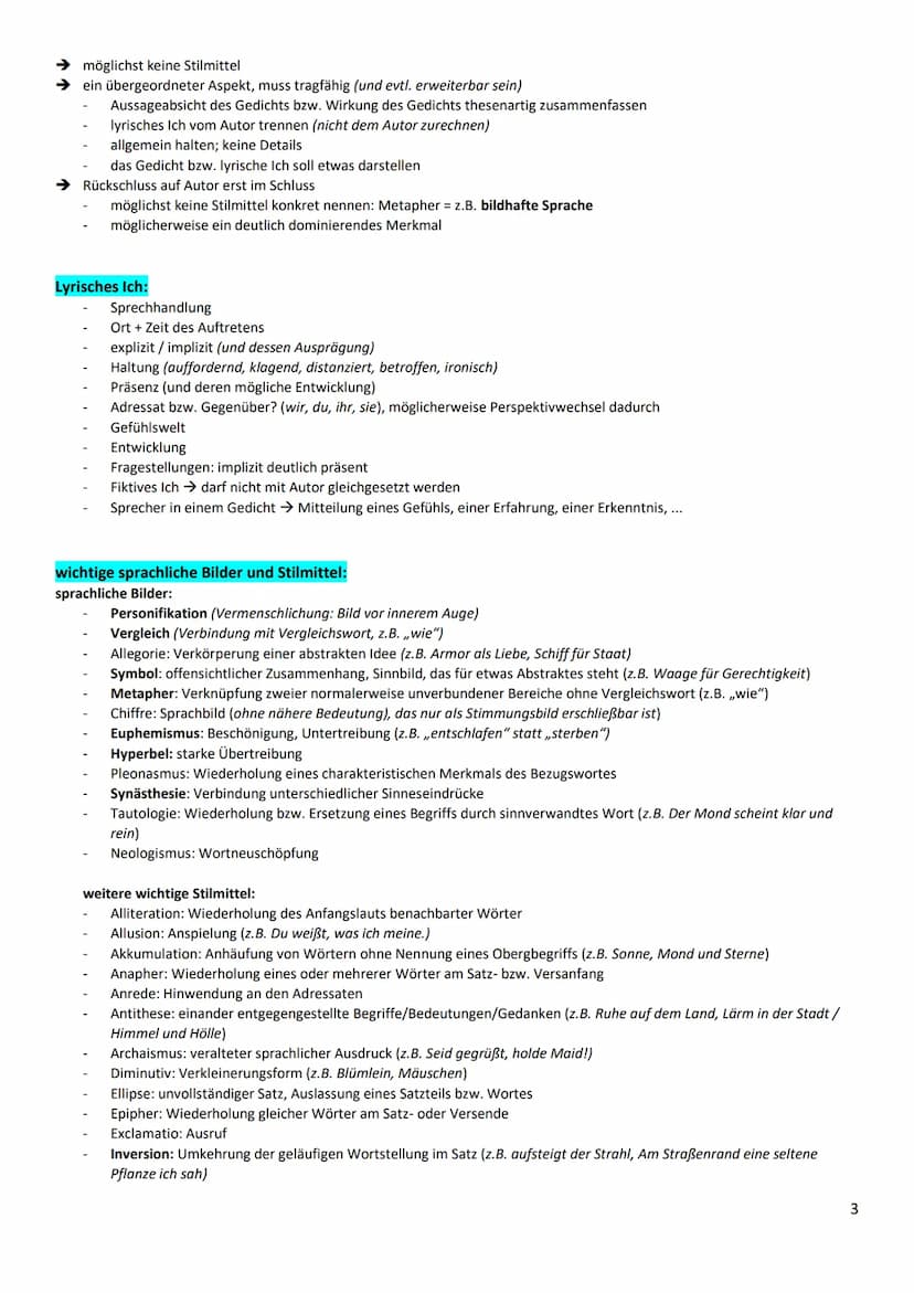 wichtig für die Klausur:
- lyrisches Ich + Sprache auf jeden Fall analysieren
- Vertiefung von Inhalt und Form nach eigener Schwerpunktsetzu