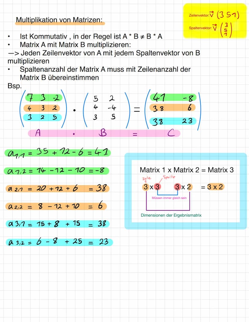 Addition und Subtraktion von Matrizen:
Matrizen und Vektoren des gleichen Formats werden addiert, indem
man ihre Elemente komponentenweise a