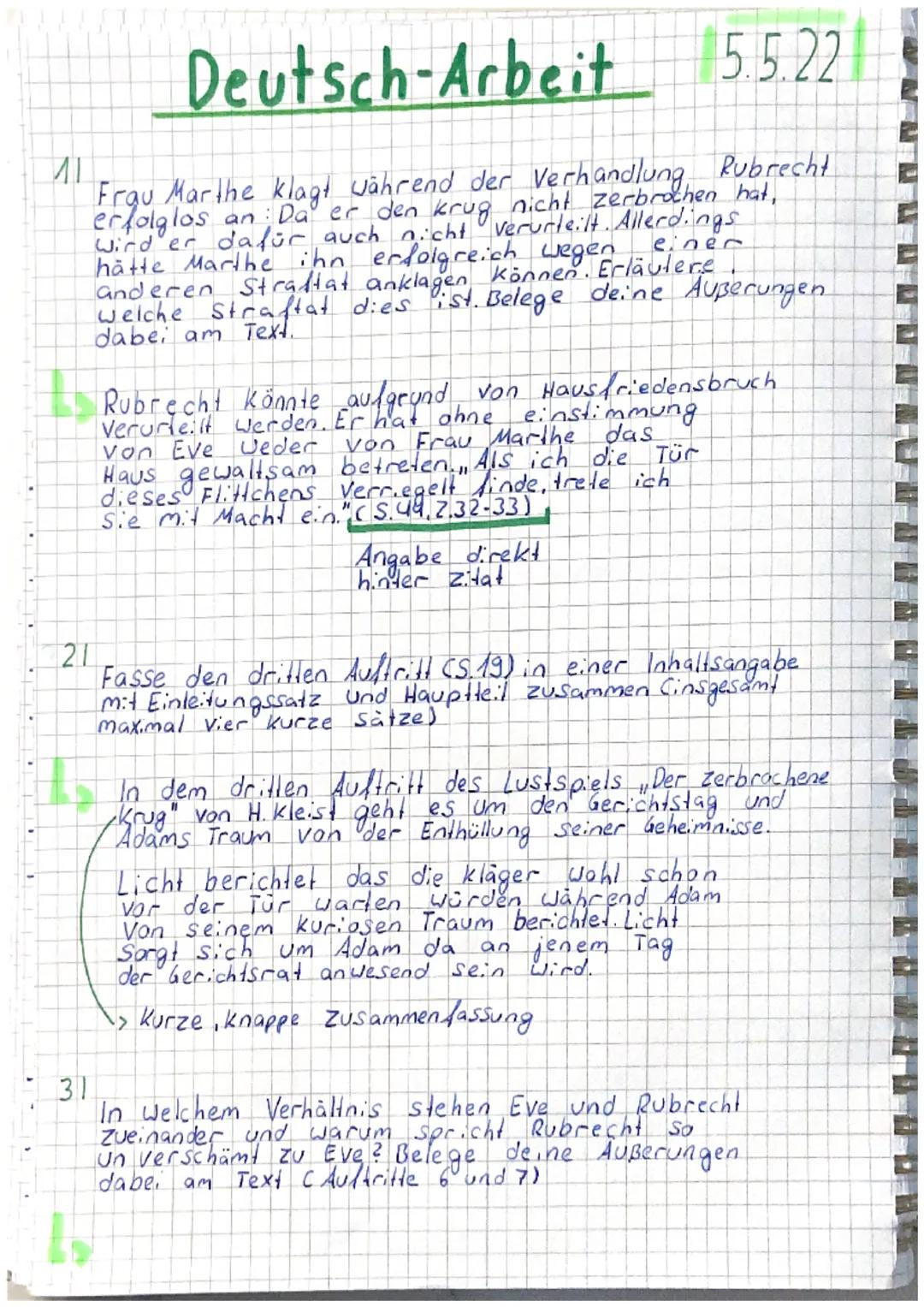 Deutsch-Arbeit 5.5.22
M
Frau Marthe klagt während der Verhandlung Rubrecht
erfolglos an: Da er den krug nicht zerbrochen hat,
Wird er dafür 
