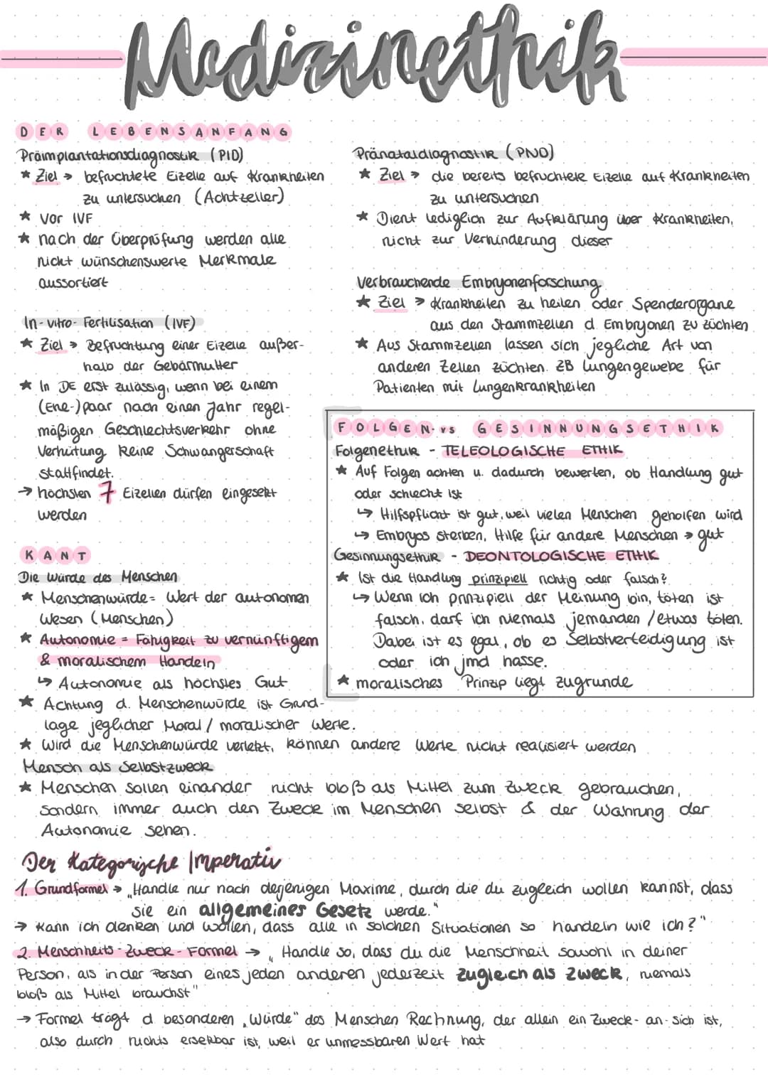 Medicinethik
DER LEBENSANFANG
Präimplantationsdiagnostik (PID).
* Ziel → befruchtete Eizelle auf Krankheiten
zu untersuchen (Achtzeller)
* V