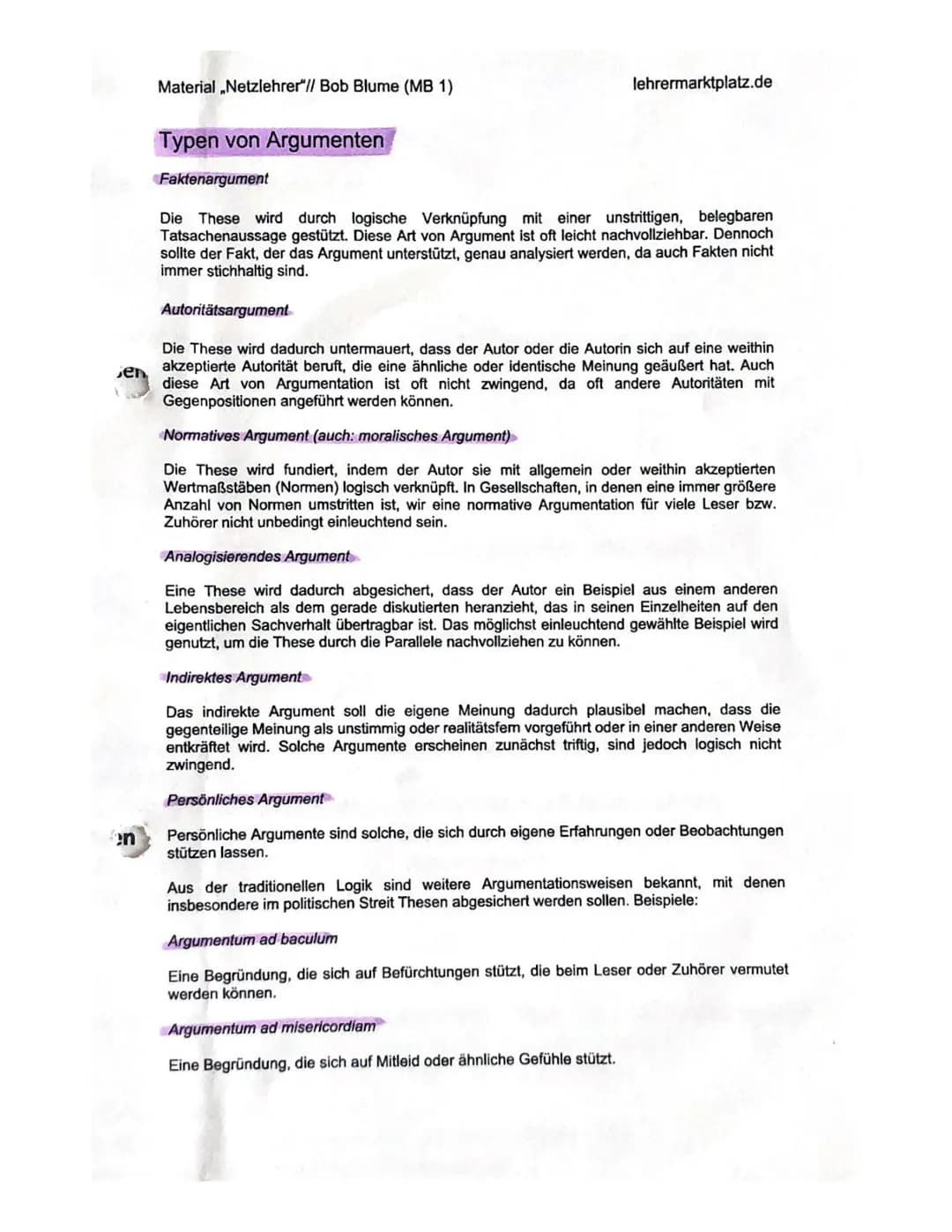 en
en
Material „Netzlehrer"// Bob Blume (MB 1)
Typen von Argumenten
lehrermarktplatz.de
Faktenargument
Die These wird durch logische Verknüp