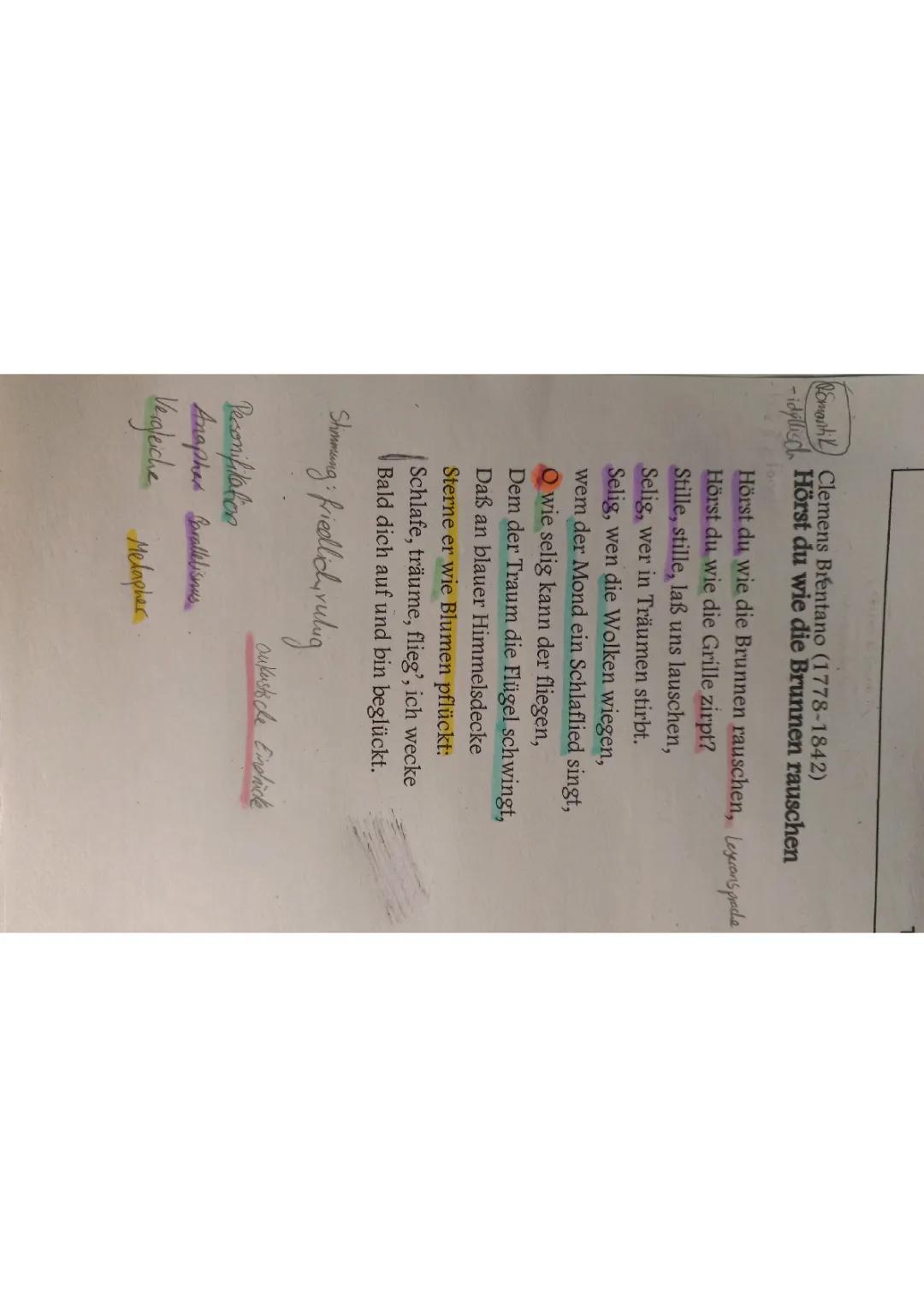 Gedichtsanalyse, "Hörst du wie die Brunnen rauschen" Clemens Brentano 