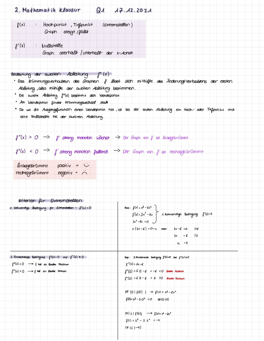 1. Mathe klausur Ql Eigenschaften ganzrationaler Funutionen
f(x)
:
f'(x) Nullstelle
Hochpunut, Tiefpunkt (Extremstellen)
Graph steigt / fäll