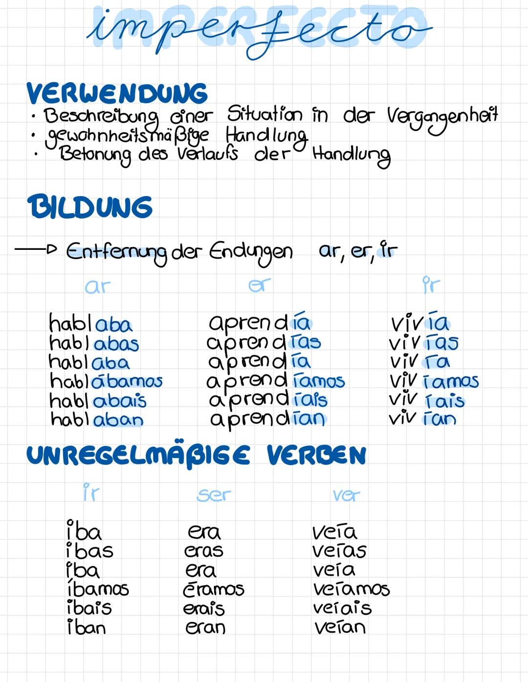 imperfecto
VERWENDUNG
.
• Beschreibung einer Situation in der Vergangenheit
gewohnheitsmäßige Handlung
•
Betonung des Verlaufs der Handlung
