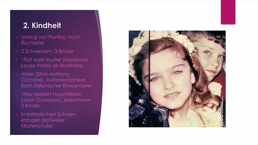 MADONNA Gliederung
► 1. Allgemein
2. Kindheit
3. Jugend
►4. Musikkarriere
► 5. Queen of Pop
► 6. Erfolge
7. Privatleben
► 8. Quellen 1. Allg