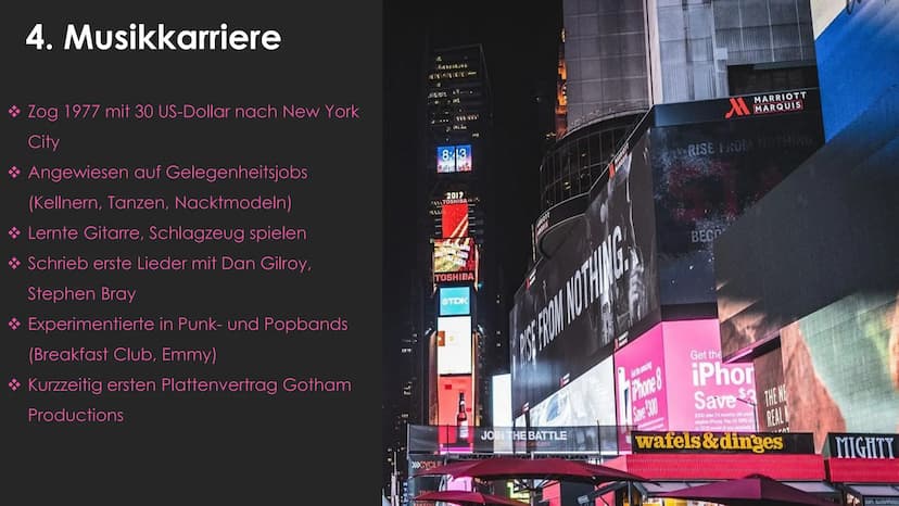 MADONNA Gliederung
► 1. Allgemein
2. Kindheit
3. Jugend
►4. Musikkarriere
► 5. Queen of Pop
► 6. Erfolge
7. Privatleben
► 8. Quellen 1. Allg