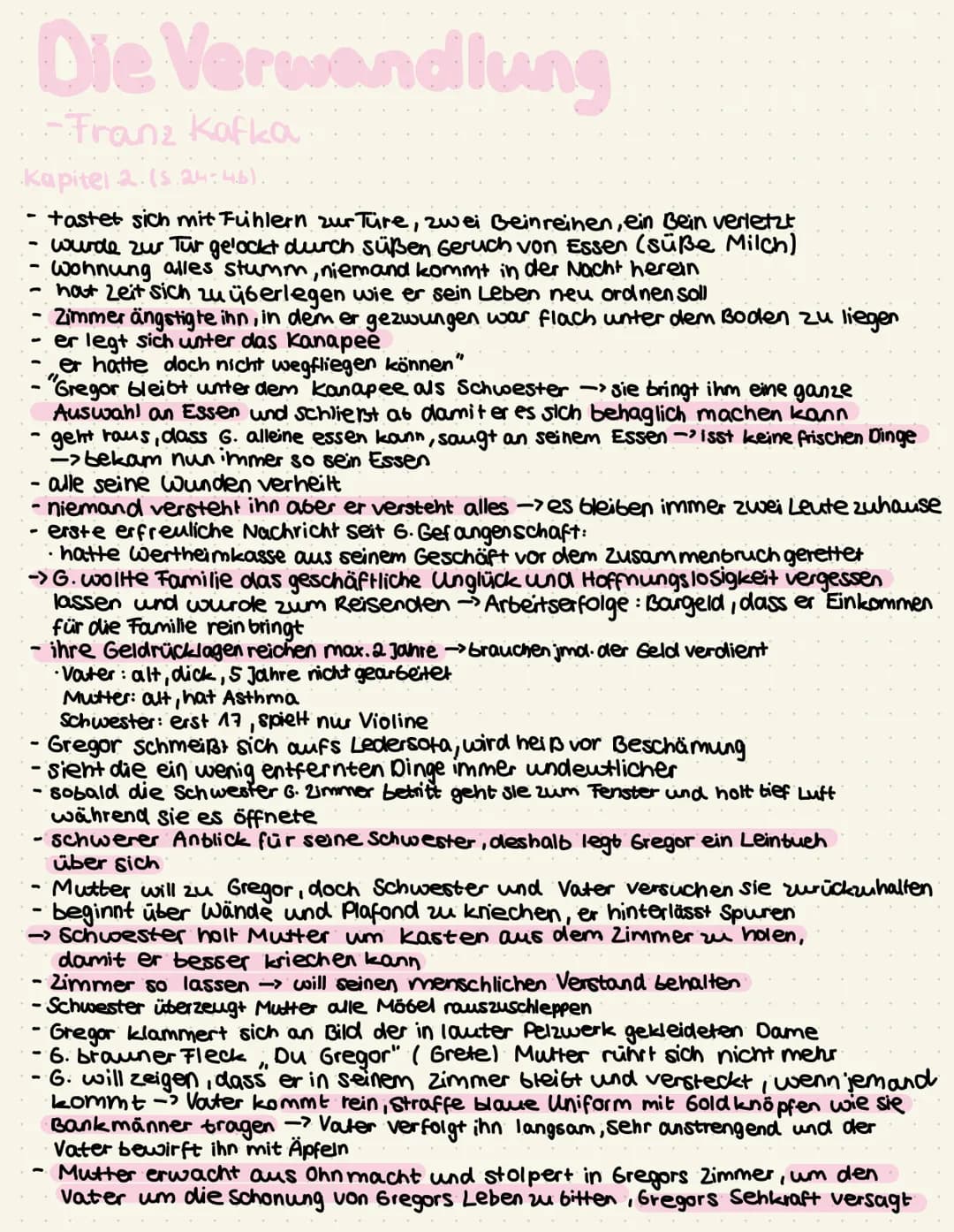 Die Verwandlung
-Franz Kafka
Kapitel 2 (s.24-46).
tastet sich mit Fühlern zur Türe, zwei Beinreihen, ein Bein verletzt
wurde zur Tür gelockt