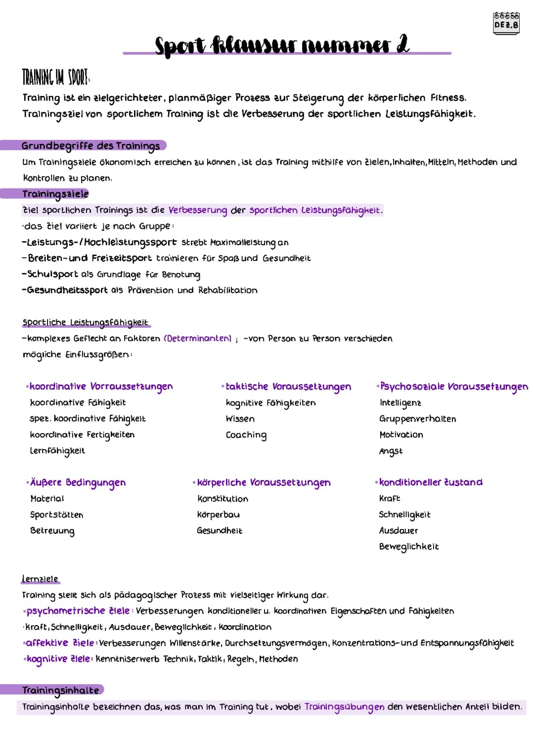 Lernzettel Training- Sport Lk