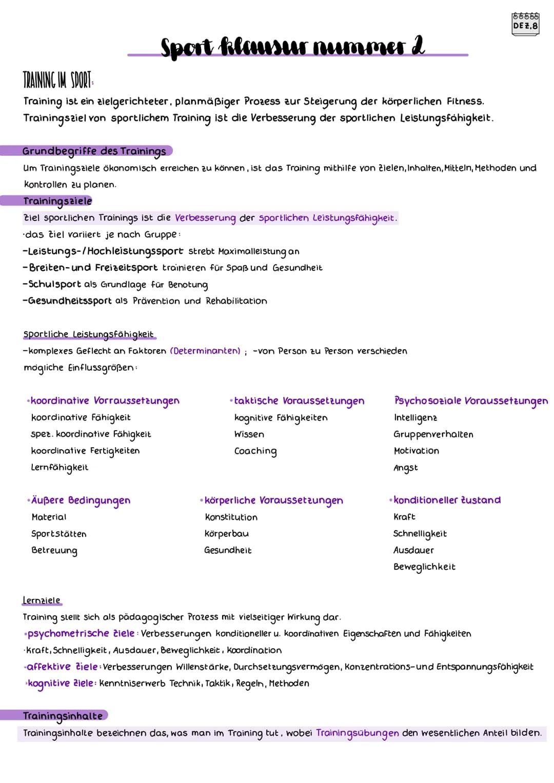Sport klausur nummer 2
TRAINING IM SPORT
Training ist ein zielgerichteter, planmäßiger Prozess zur Steigerung der körperlichen Fitness.
Trai