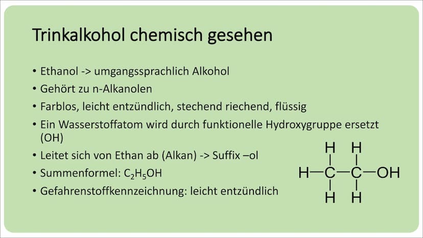 Lilly-Mey Körner
Klasse 10c
Trinkalkohol chemisch gesehen
• Ethanol
• n-Alkanol
•
●
Summenformel: C2H5OH
• farblos, stechend riechend, flüss