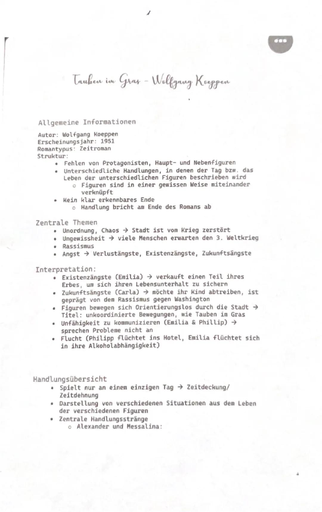 Tauben im Gras - Wolfgang Koeppen
Allgemeine Informationen
Autor: Wolfgang Koeppen
Erscheinungsjahr: 1951
Romantypus: Zeitroman
Struktur:
- 