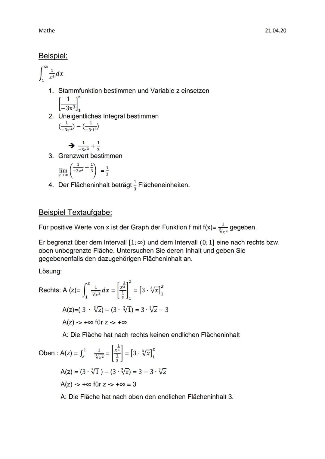 Mathe
Mathe GFS- Uneigentliche Integrale
Was sind uneigentliche Integrale?
Auch eine unbegrenzte Fläche, die ins Unendliche reicht, kann ein