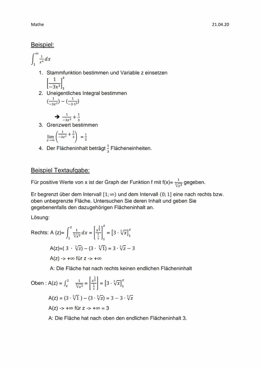 Mathe
Mathe GFS- Uneigentliche Integrale
Was sind uneigentliche Integrale?
Auch eine unbegrenzte Fläche, die ins Unendliche reicht, kann ein