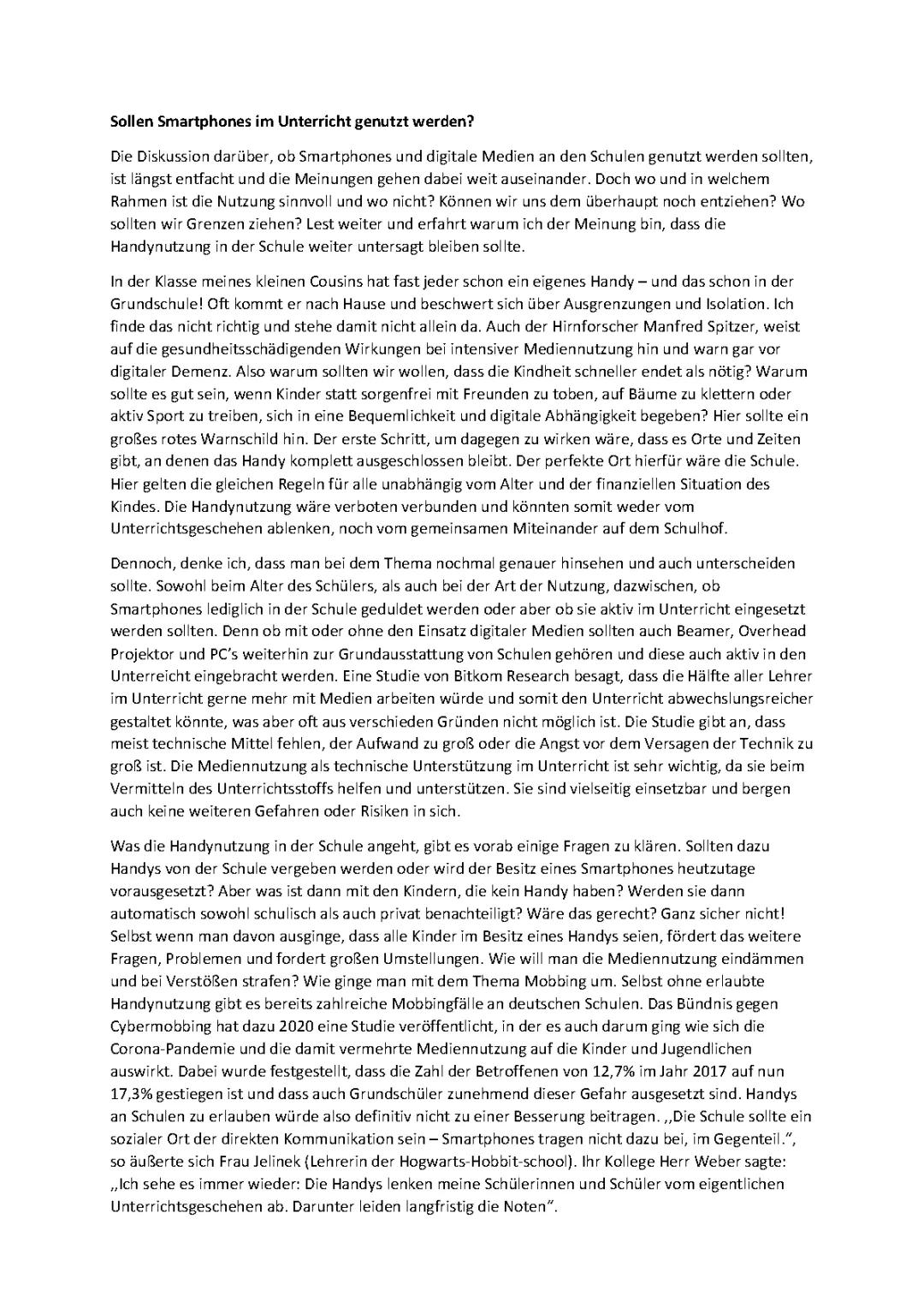 Smartphones im Unterricht Argumentation