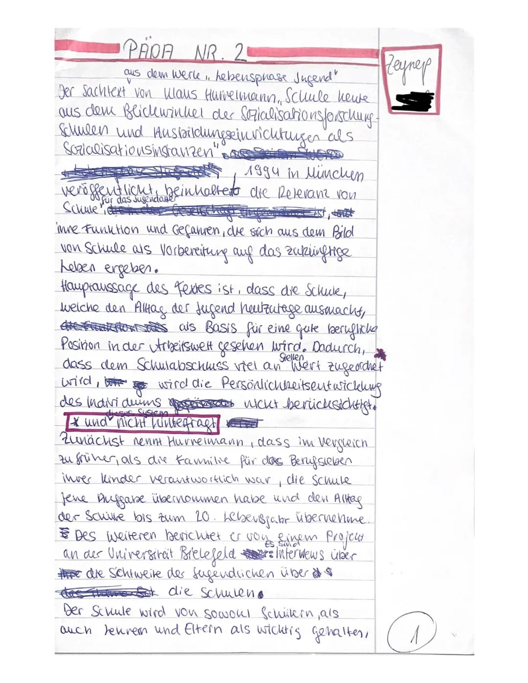 Pädagogik Q27
Name:
нупер
Aufgaben:
P
Klausur Nr. 2 21/22
Schulische Sozialisation
1. Formulieren Sie den Hauptgedanken des Textes und stell