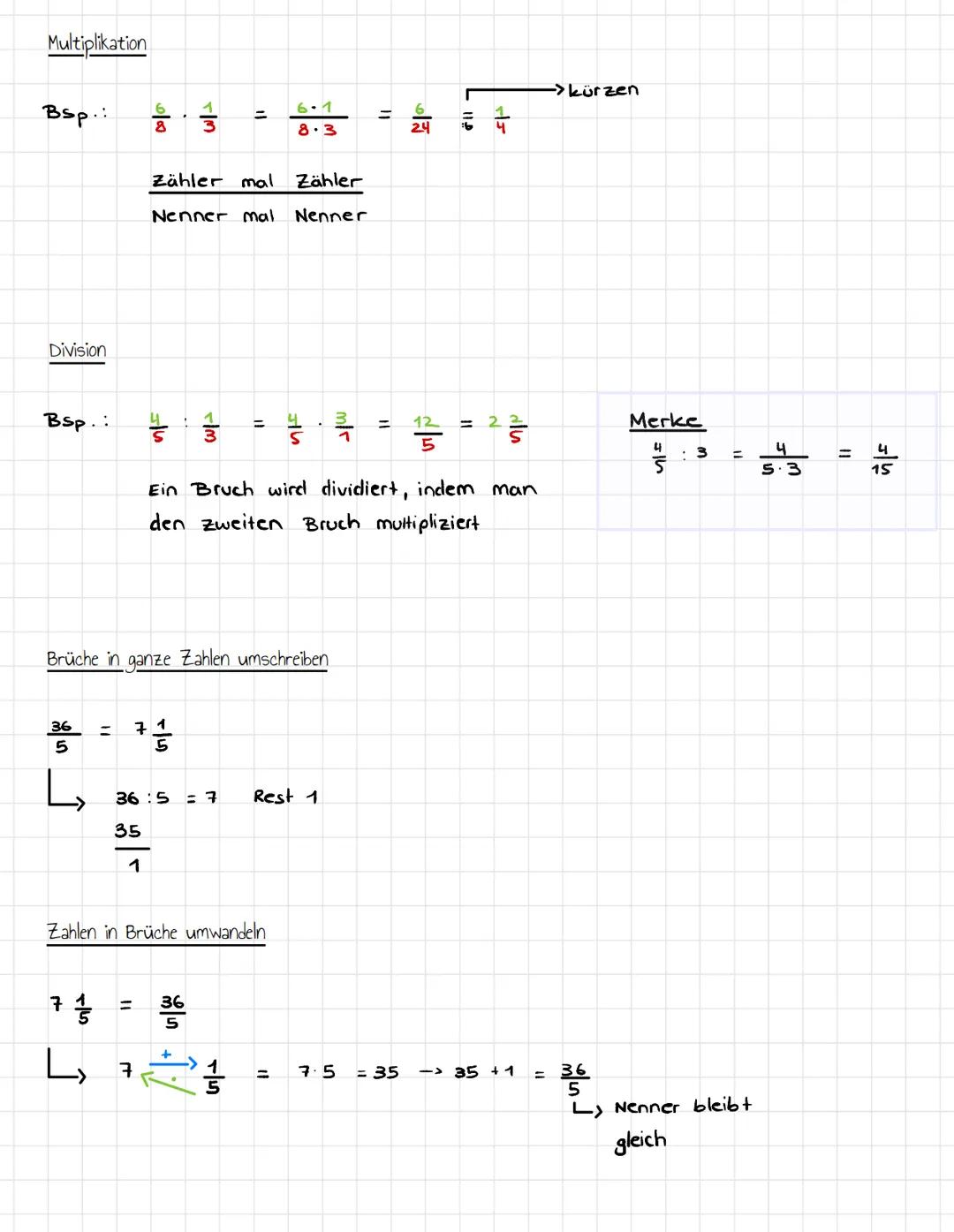 # BRÜCHE

Allgemein

> Erweitern: Zähler und Nenner werden mit der selben Zahl multipliziert.

Bsp: $\frac{2}{3} \cdot 2 = \frac{4}{6}$

> K