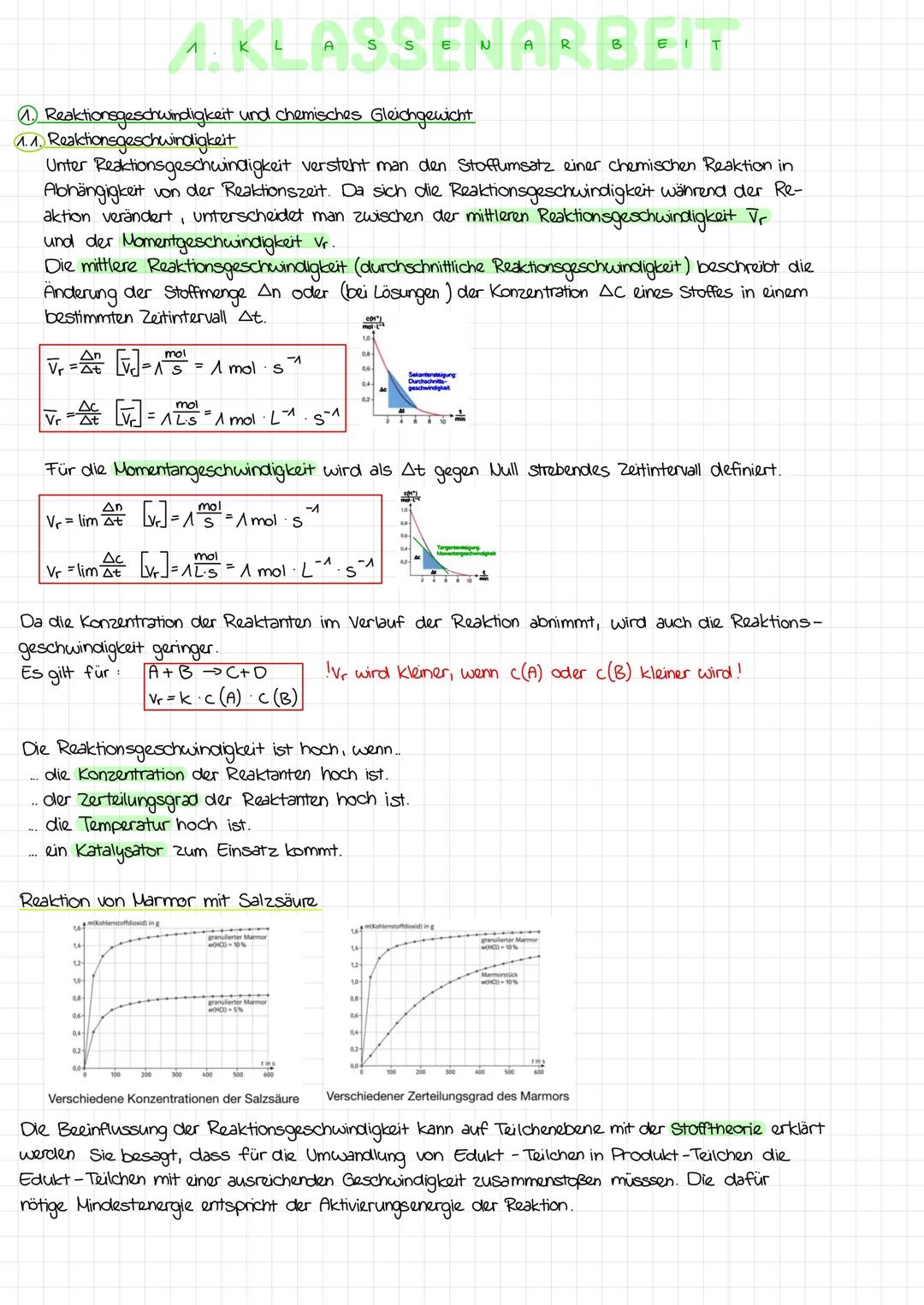 # A. KLASSENARBEIT

1. Reaktionsgeschwindigkeit und chemisches Gleichgewicht

1.  1. Reaktionsgeschwindigkeit

Unter Reaktionsgeschwindigkei