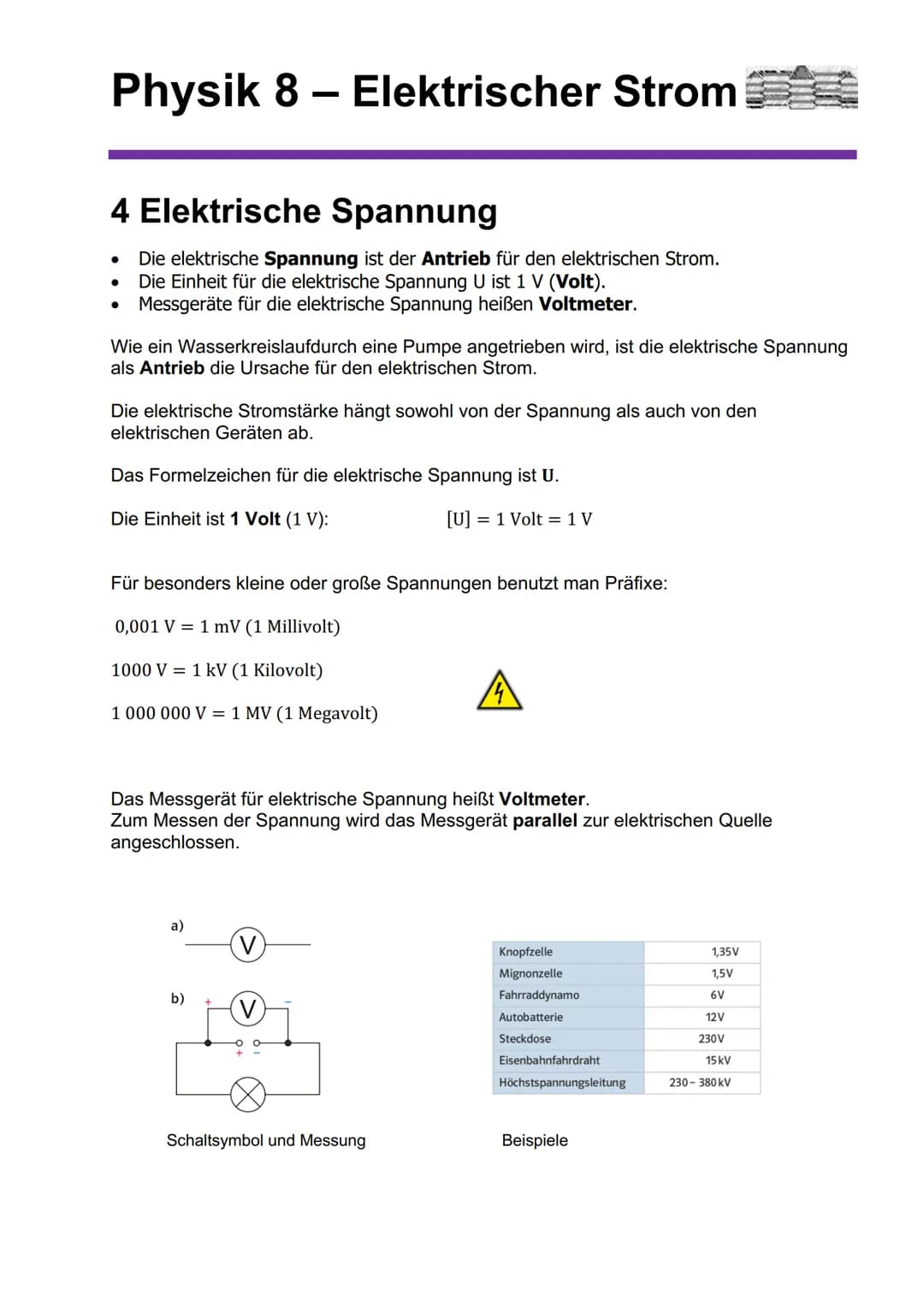 Physik 8 - Elektrischer Strom
4 Elektrische Spannung
Die elektrische Spannung ist der Antrieb für den elektrischen Strom.
Die Einheit für di