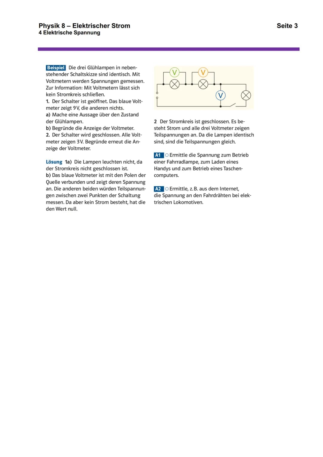 Physik 8 - Elektrischer Strom
4 Elektrische Spannung
Die elektrische Spannung ist der Antrieb für den elektrischen Strom.
Die Einheit für di