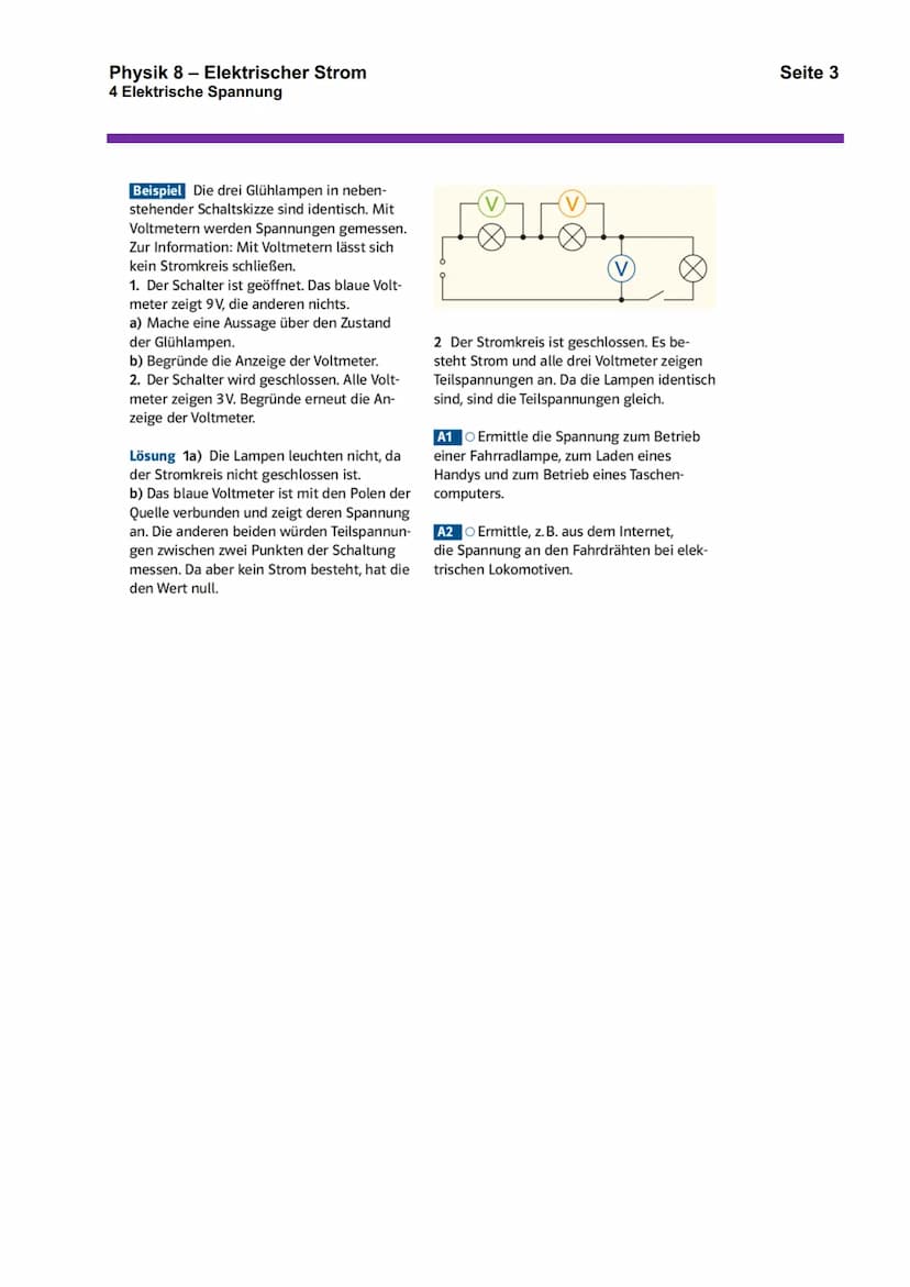 Physik 8 - Elektrischer Strom
4 Elektrische Spannung
Die elektrische Spannung ist der Antrieb für den elektrischen Strom.
Die Einheit für di
