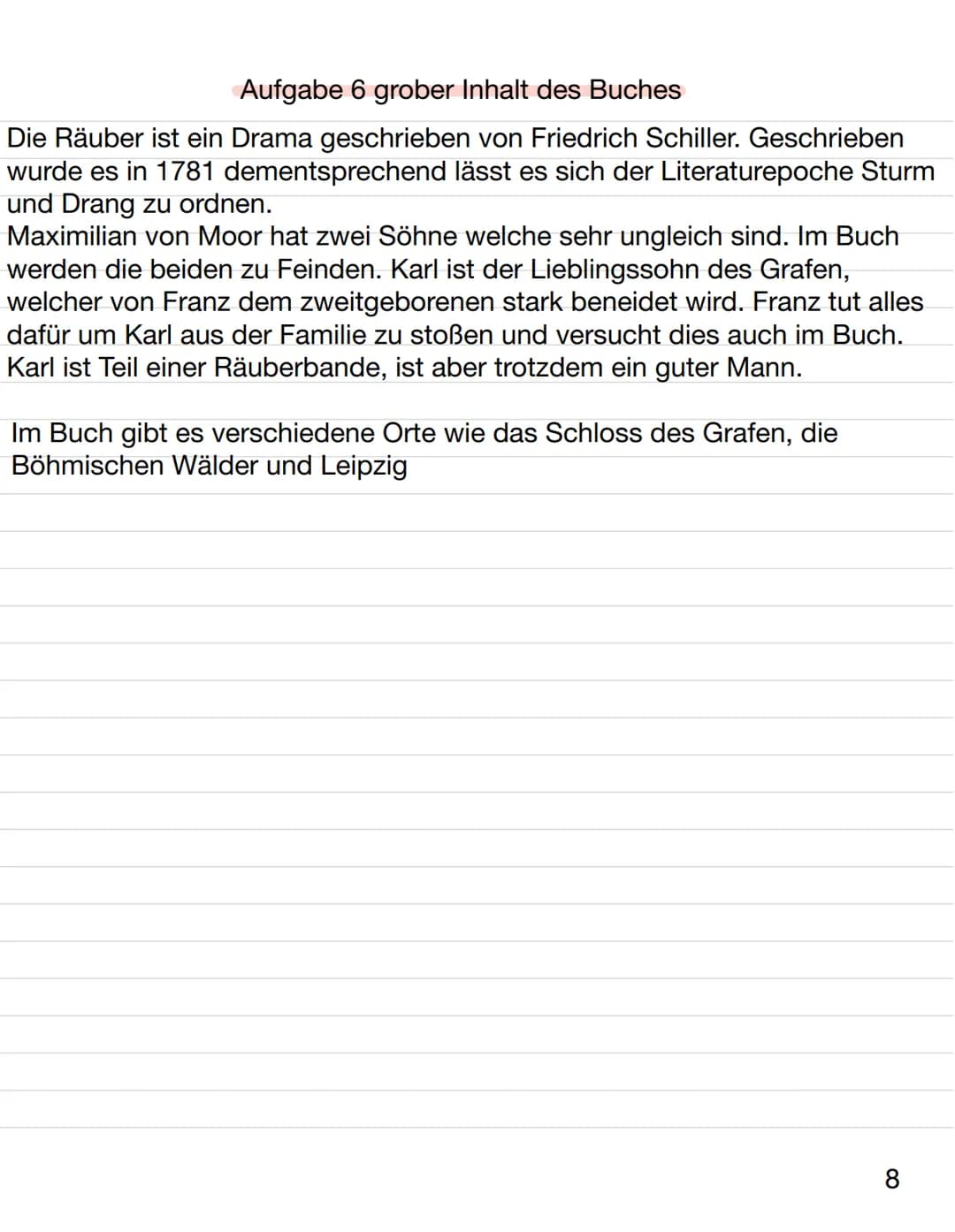 Die Räuber
Geschrieben von Friedrich Schiller im Jahre 1781.
Erschienen ist es im Cornelsen Verlag. Die
Uraufführung fand am 13.01.1782 in M