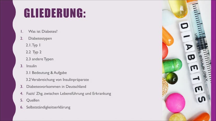 Diabetes I.
2.
GLIEDERUNG:
Was ist Diabetes?
Diabetestypen
2.1. Typ I
2.2 Typ 2
2.3 andere Typen
3. Insulin
3.1 Bedeutung & Aufgabe
3.2 Vera