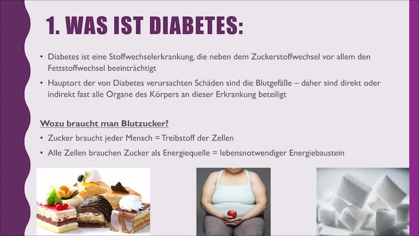 Diabetes I.
2.
GLIEDERUNG:
Was ist Diabetes?
Diabetestypen
2.1. Typ I
2.2 Typ 2
2.3 andere Typen
3. Insulin
3.1 Bedeutung & Aufgabe
3.2 Vera
