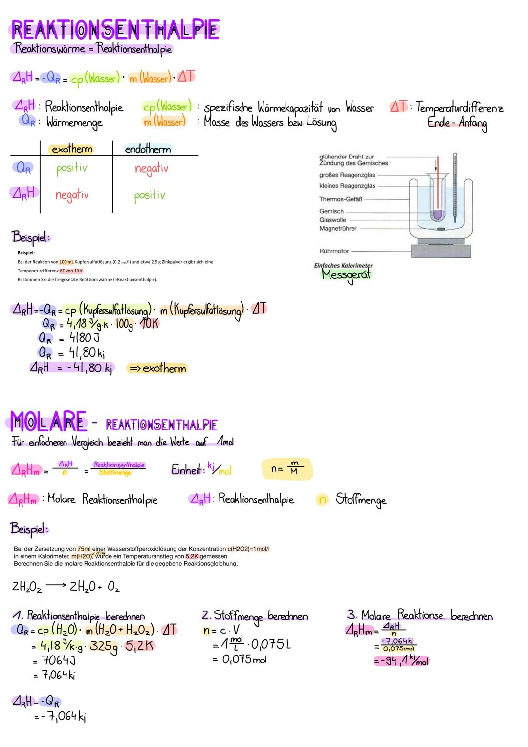 # REAKTIONSENTHALPIE
Reaktionswärme = Reaktionsenthalpie

$
\Delta RH-QR = cp (Wasser). m (Wasser). \Delta T
$

ARH: Reaktionsenthalpie cp (