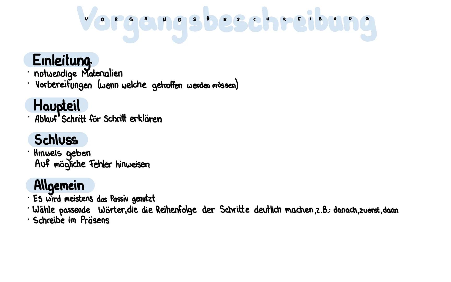 Vorgangsbeschreibang

Einleitung.
- notwendige Materialien
- Vorbereitungen (wenn welche getroffen werden müssen)

Haupteil
- Ablauf Schritt