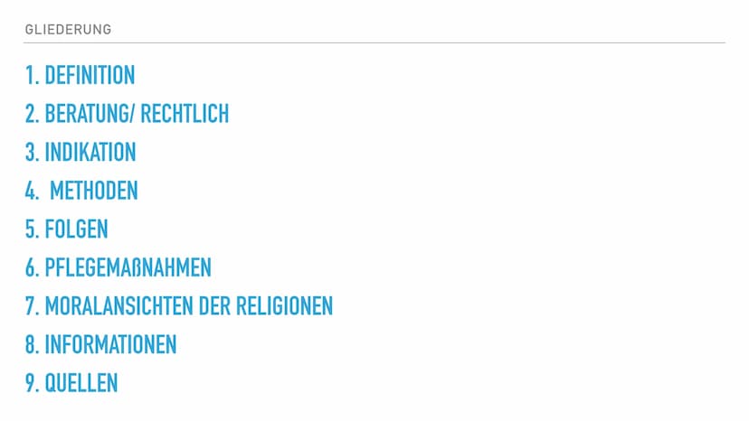 PRÄSENTATION VON JONAS IQBAL
ABTREIBUNG GLIEDERUNG
1. DEFINITION
2.
3. INDIKATION
4. METHODEN
5. FOLGEN
6. PFLEGEMABNAHMEN
7. MORALANSICHTEN