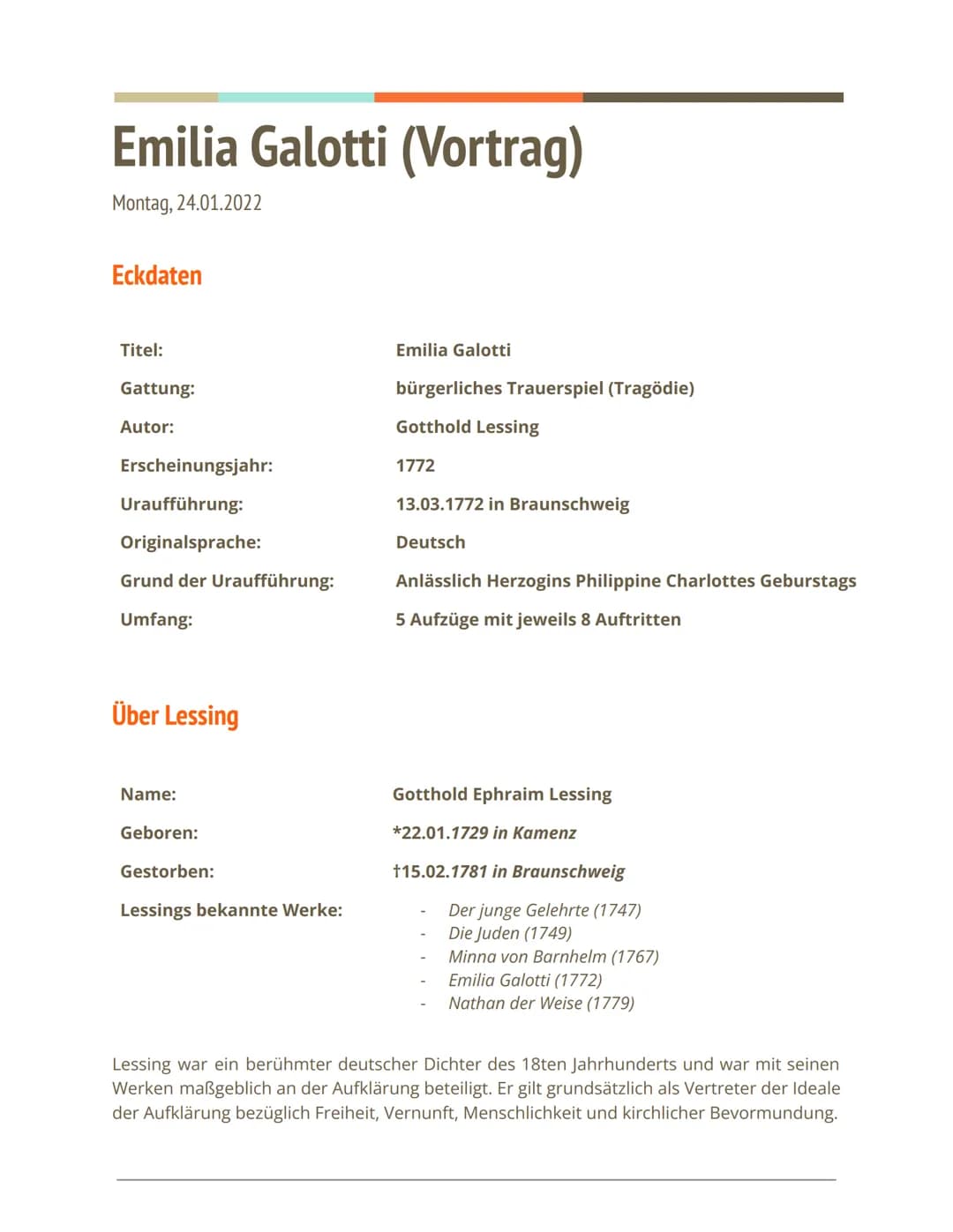 Gleich gehts los! Emilia Galotti (Vortrag)
Montag, 24.01.2022
Eckdaten
Titel:
Gattung:
Autor:
Erscheinungsjahr:
Uraufführung:
Originalsprach