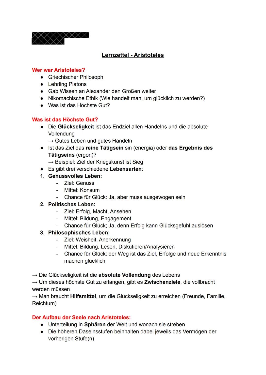 Wer war Aristoteles?
Lernzettel - Aristoteles
● Griechischer Philosoph
• Lehrling Platons
Gab Wissen an Alexander den Großen weiter
•
Nikoma
