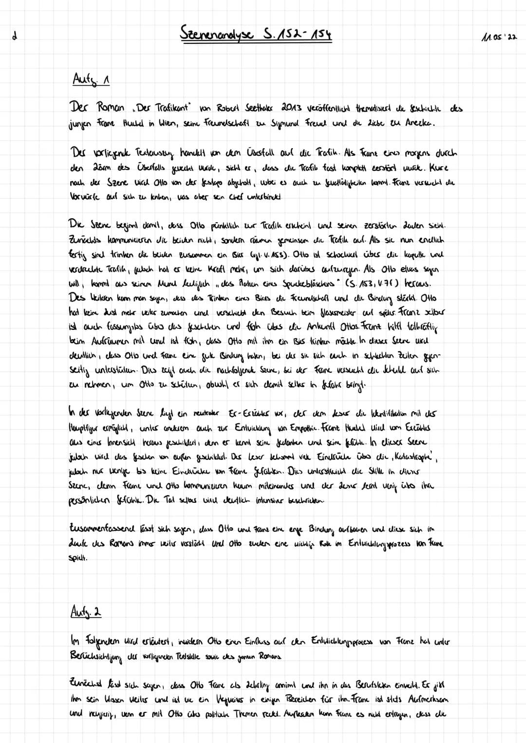 Deutsch GK Q1
Nr. 1 Interpretiere* die vorgegebene Textstelle (S.152-154) im Hinblick auf die Beziehung
zwischen Franz Huchel und Otto Trsnj