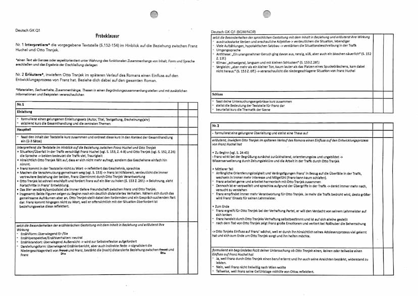 Deutsch GK Q1
Nr. 1 Interpretiere* die vorgegebene Textstelle (S.152-154) im Hinblick auf die Beziehung
zwischen Franz Huchel und Otto Trsnj