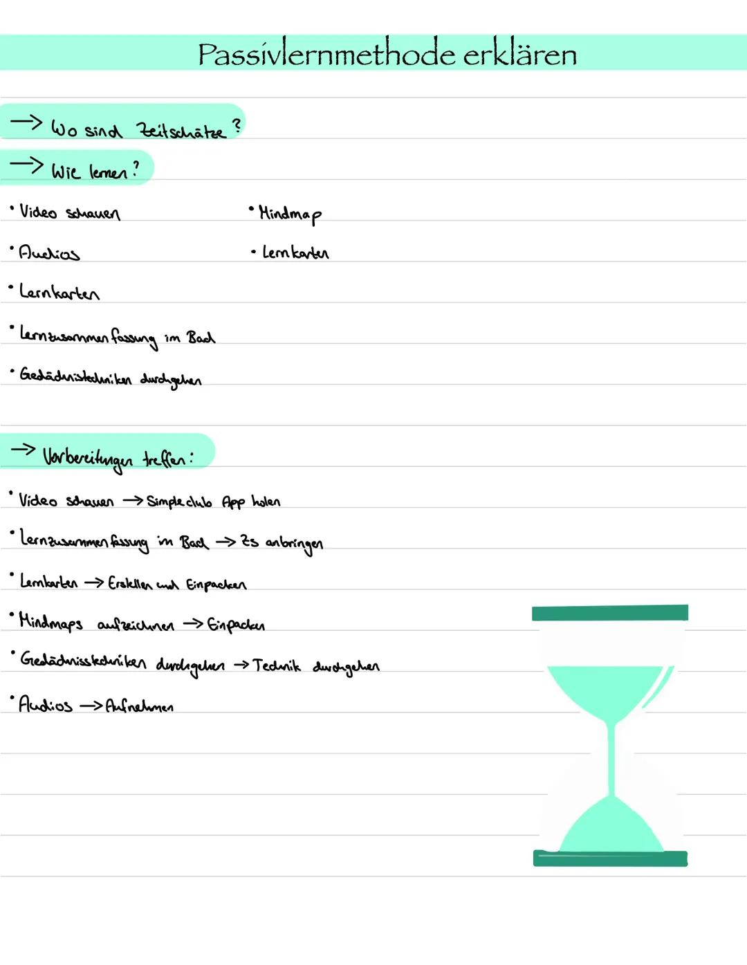 Zeitmanagement
Lerntipps Lerntipps: Zeitmanagement
Zusammenfassung
Abi- Zeitplan erstellen
Auf viele Prüfungen vorbereiten
Zeit sparen
Passi